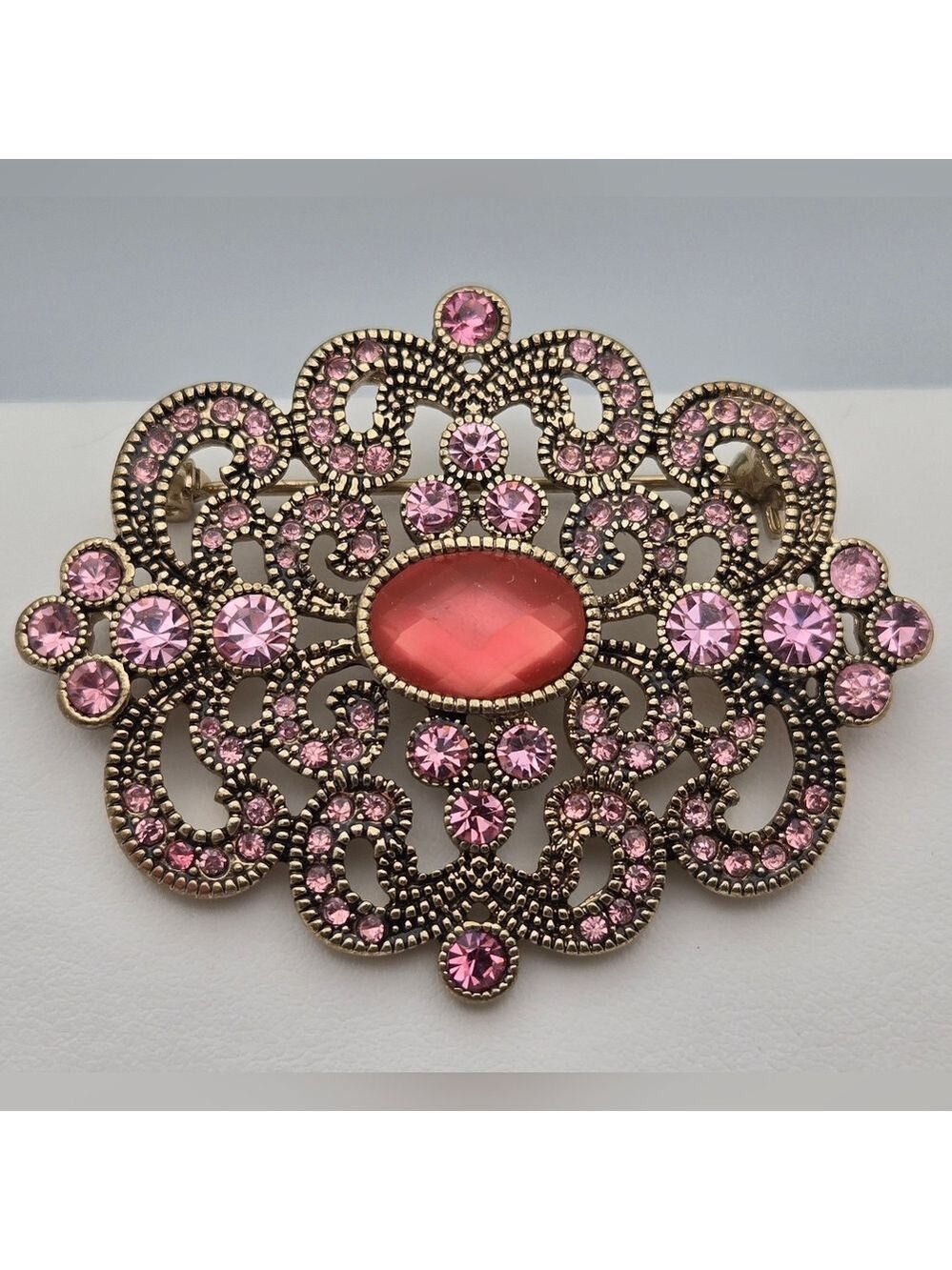 Monet Pink Rhinestone Filigree Flower Brooch Vintage Antique Estate Sale